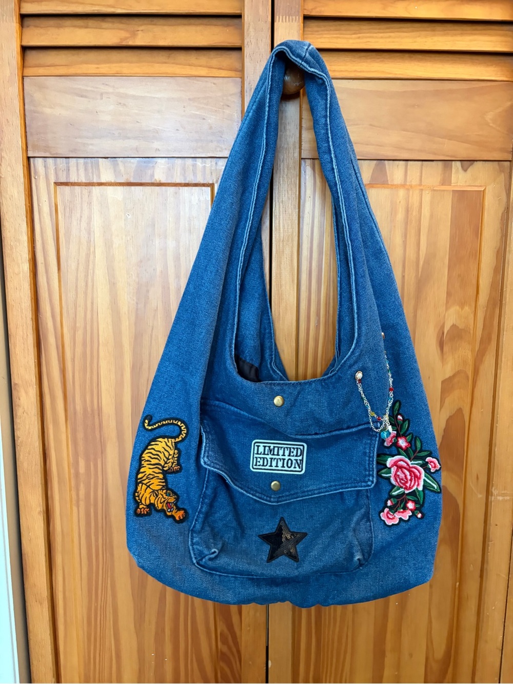 Blue Denim Shoulder Bag with Embroidered Accents